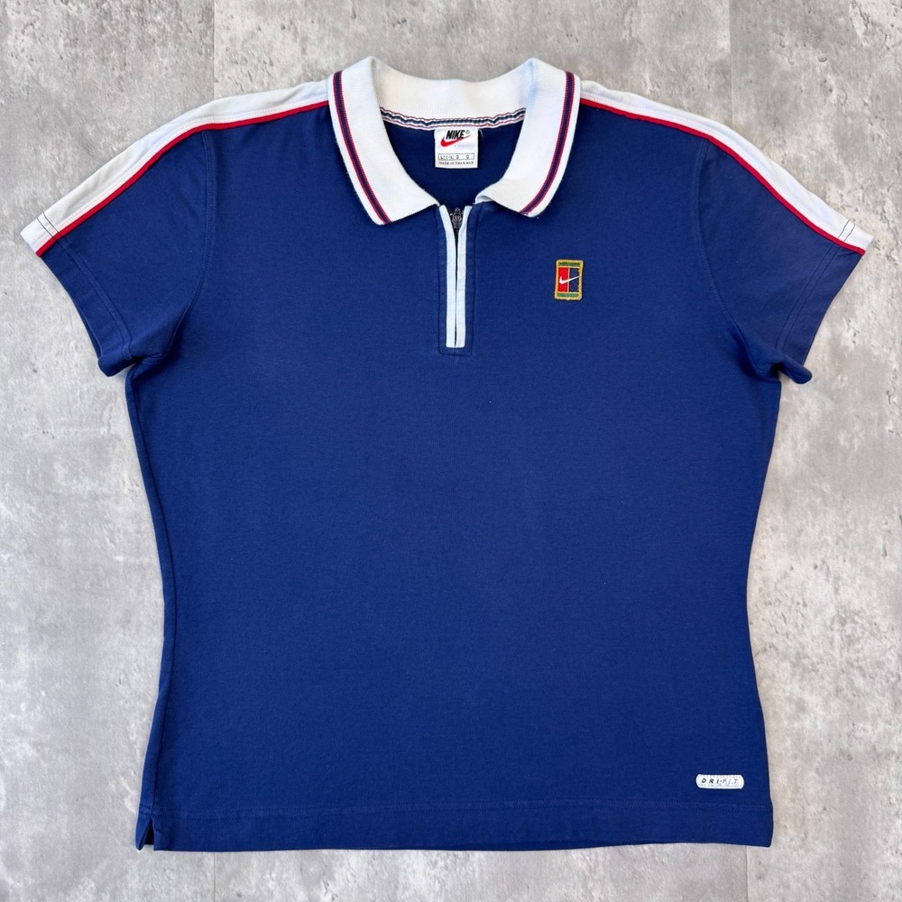 Vintage Nike Challenge Court Tennis Polo Womens L Blue Quarter Zip Agassi 90s